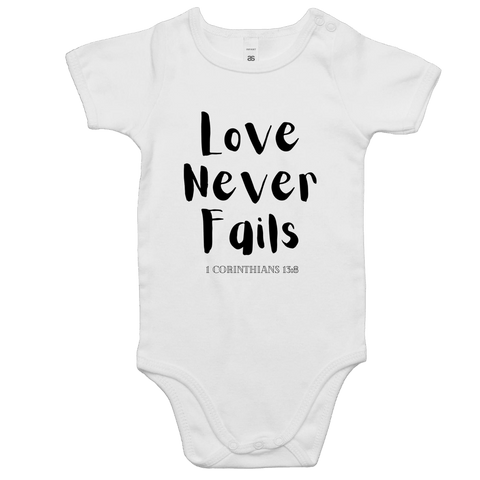 Chirstian-Infant Onesie-Love Never Fails-Studio Salt & Light